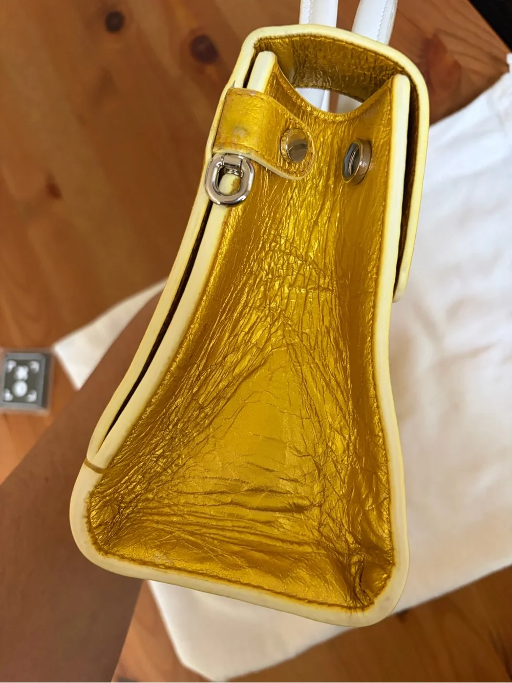 Dior Mini Diorever Gold Metallic White Leather Top Handle Crossbody Bag with COA